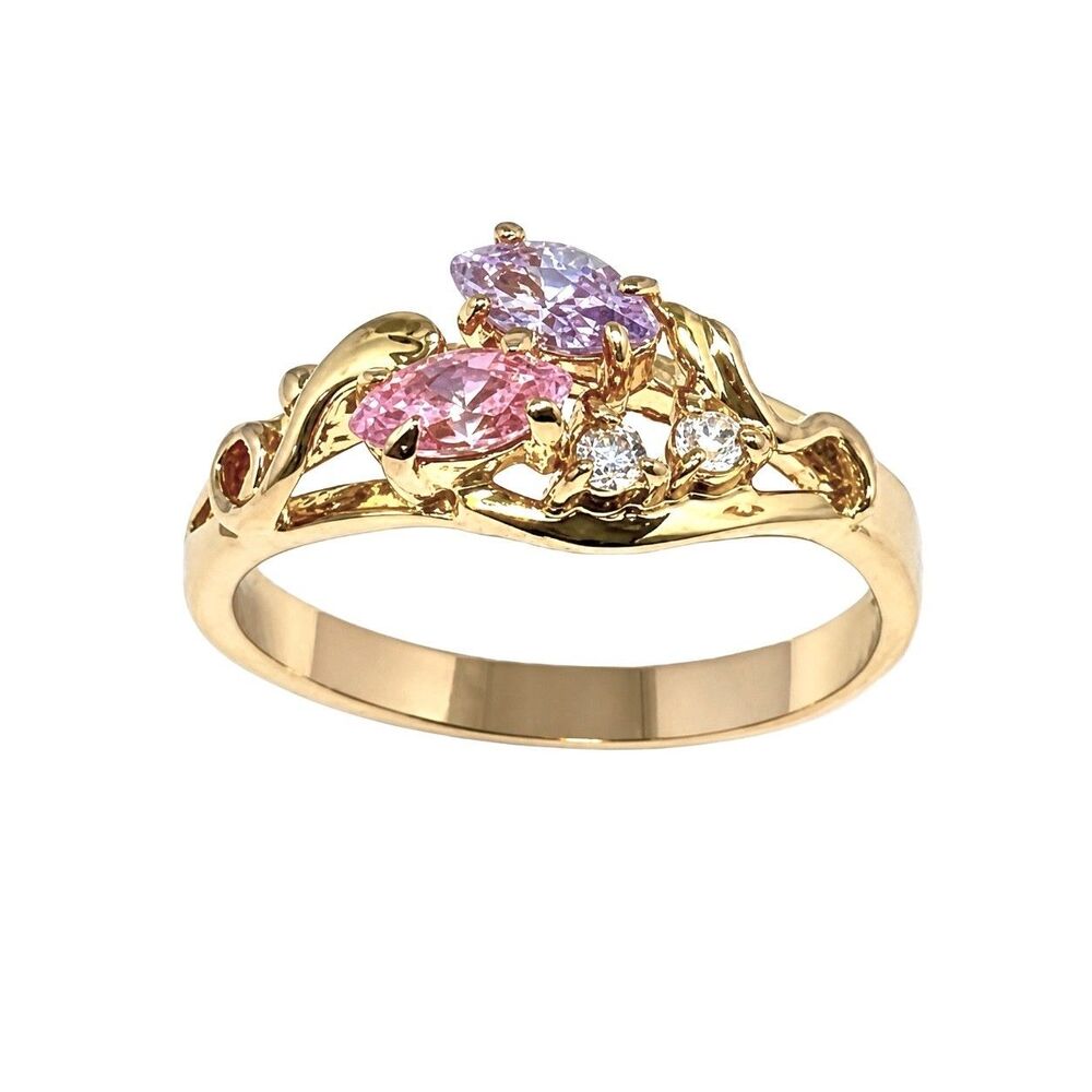 Vintage 1970s Ring Size 7 Pink Purple CZ Marquise Cluster Gold Plated - 14L
